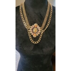 Vintage Statement Necklace Pink Peach Medallion Double Gold Tone Wide Chain Rare